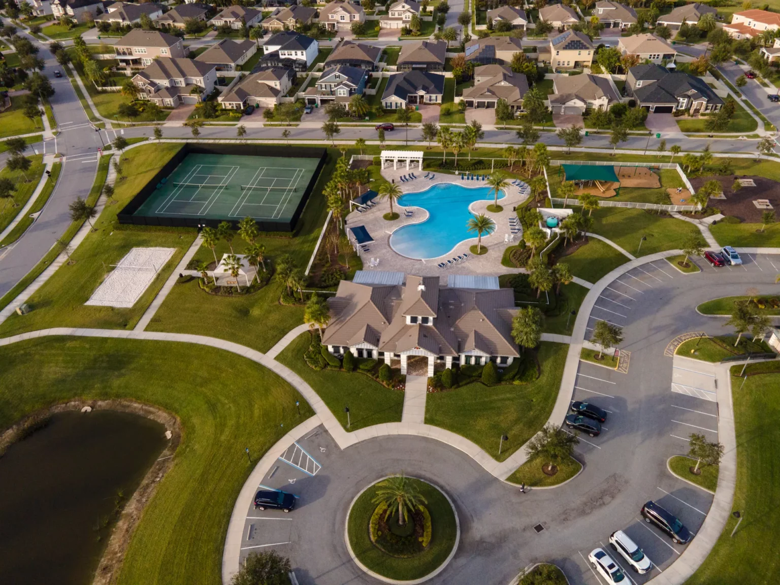 Aerial view of the Hickory Hammock clubhouse, pool and sand volleyball court