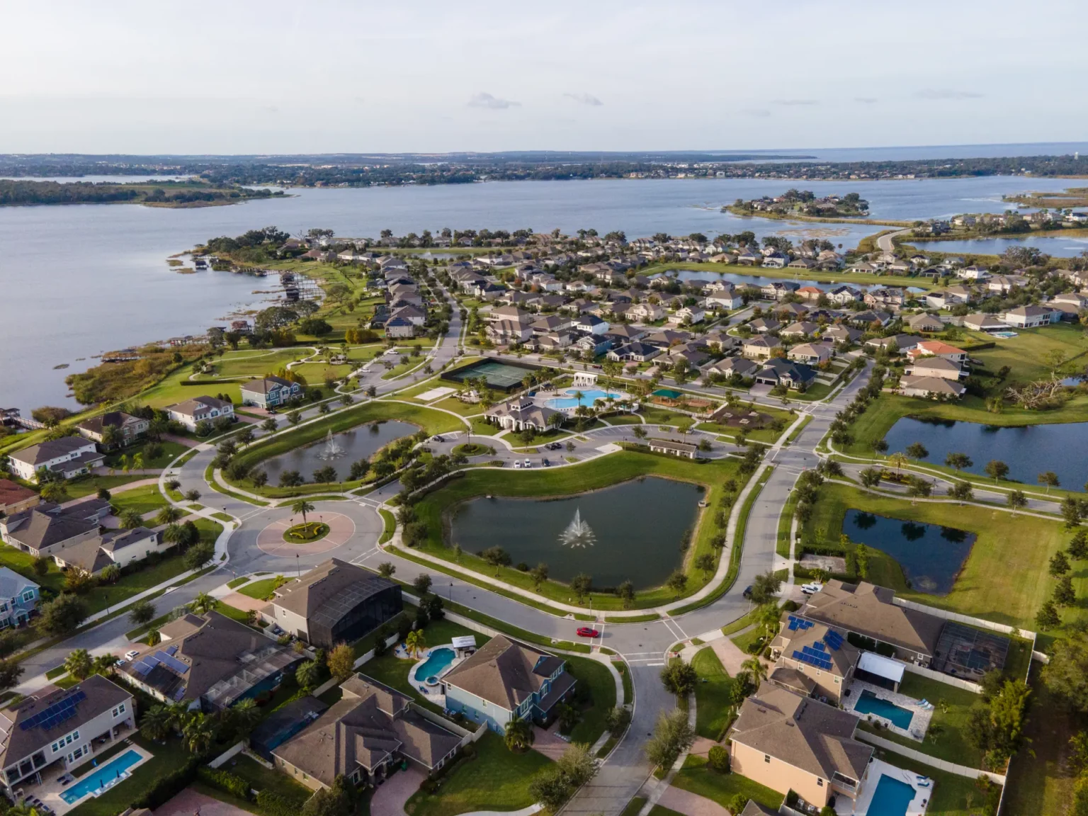 Aerial view of Hickory Hammock homes and ponds on the shore of Johns Lake