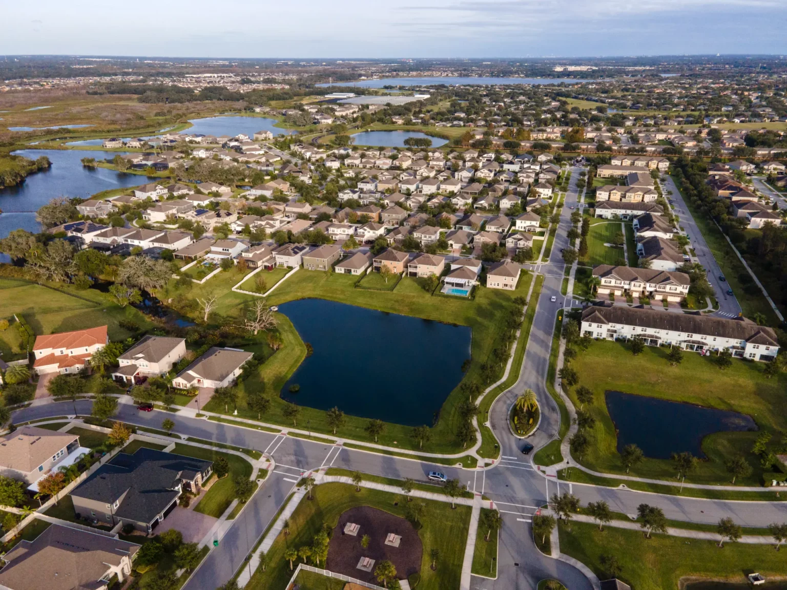 Aerial view of Hickory Hammock neighborhood streets and retention ponds