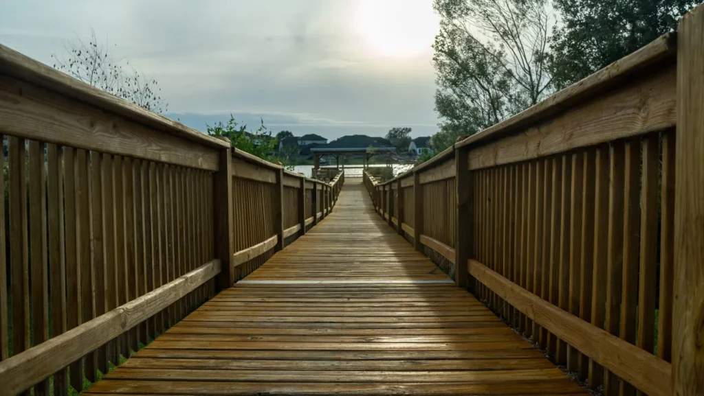 Wooden boardwalk leading to the Hickory Hammock community pier