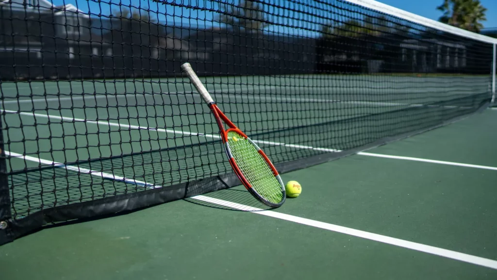 Tennis racket and ball at the net on a Hickory Hammock tennis court