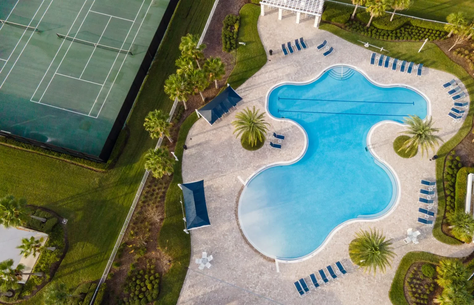 Aerial view of the Hickory Hammock community pool and tennis court